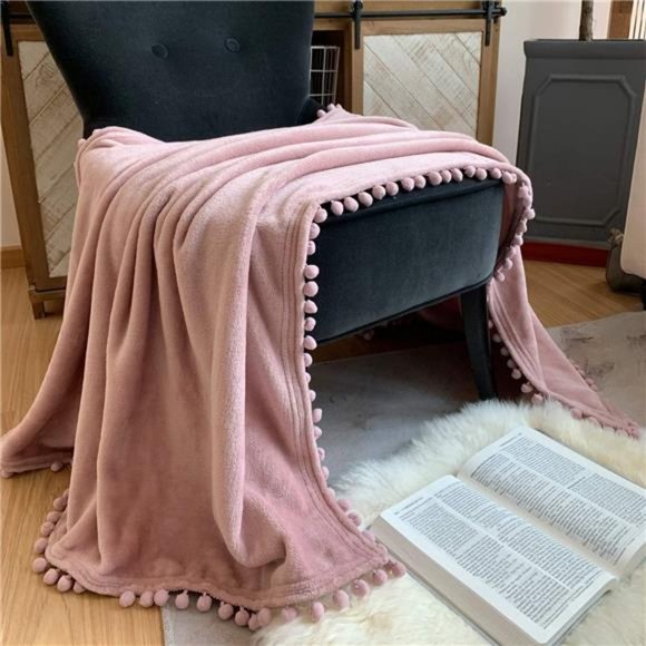 Flannel Blanket with Pompom Fringe Lightweight Cozy BedBlanket SoftThrow Blanket - Picture 5 of 6